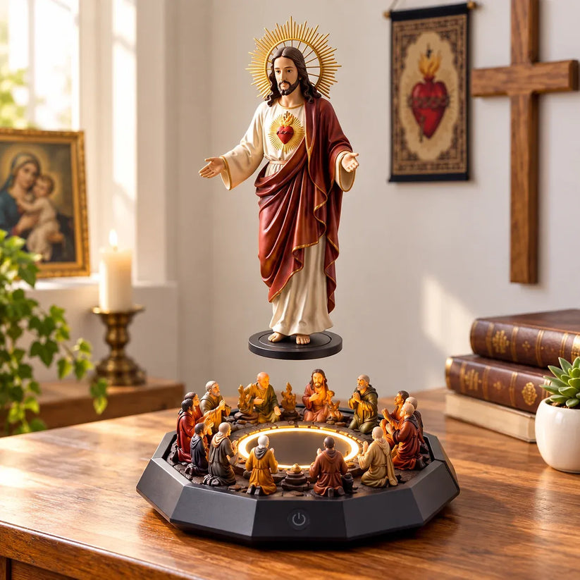 Floating Christ illuminated faith sculpture