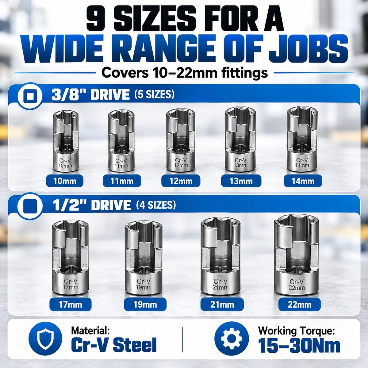🔥LAST DAY 49% OFF - 🛠️9-Piece Injector & Sensor Line Socket Set – 10–22mm Open-Side Cr-V Sockets, 3/8' & 1/2' Drive