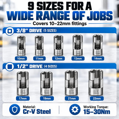 🔥LAST DAY 49% OFF - 🛠️9-Piece Injector & Sensor Line Socket Set – 10–22mm Open-Side Cr-V Sockets, 3/8' & 1/2' Drive