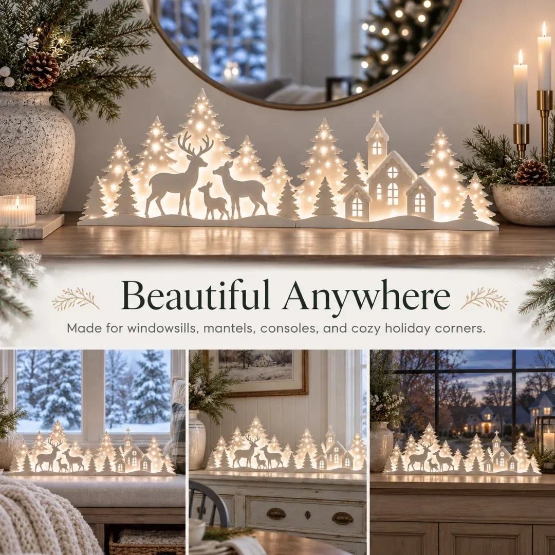 🦌 LED-Weihnachtsdekoration mit Rehen und Dorfmotiv für das Fenster | 2-teiliges beleuchtetes Set