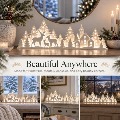 🦌 LED-Weihnachtsdekoration mit Rehen und Dorfmotiv für das Fenster | 2-teiliges beleuchtetes Set