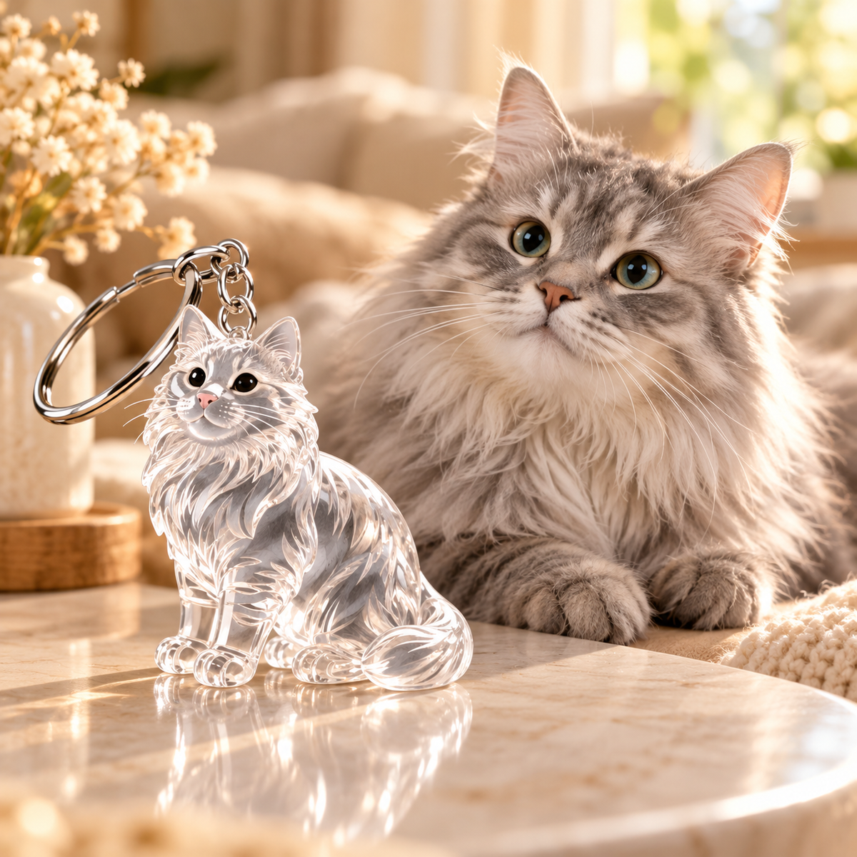 Grey fluffy cat beside matching transparent keepsake
