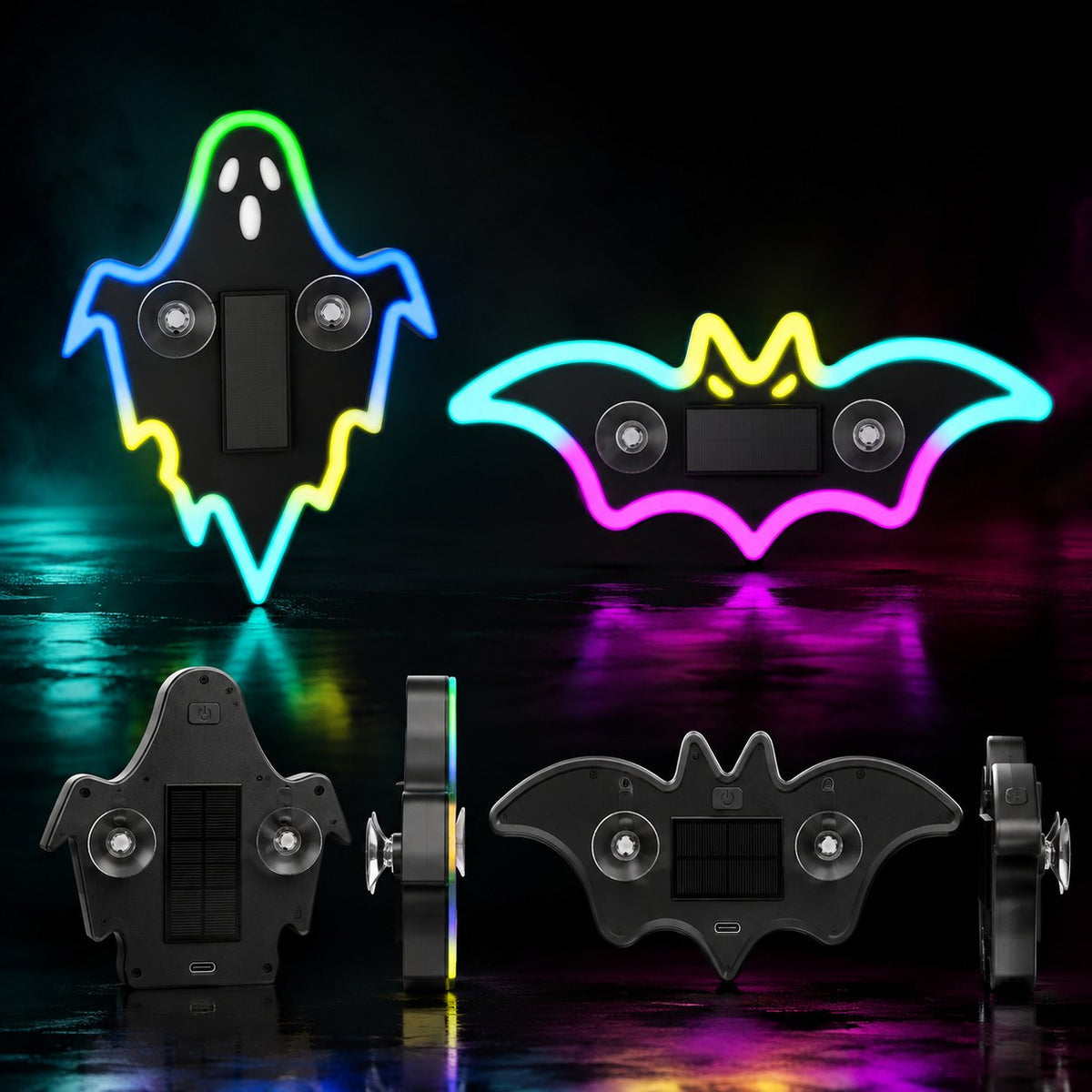 LED Glowing Bat & Ghost Car Window Light Vibration‑Sensing Spooky Cyberpunk Vehicle Light Decal for Night Drive & Halloween Car Makeover