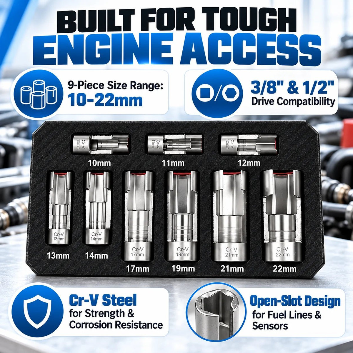 🔥LAST DAY 49% OFF - 🛠️9-Piece Injector & Sensor Line Socket Set – 10–22mm Open-Side Cr-V Sockets, 3/8' & 1/2' Drive