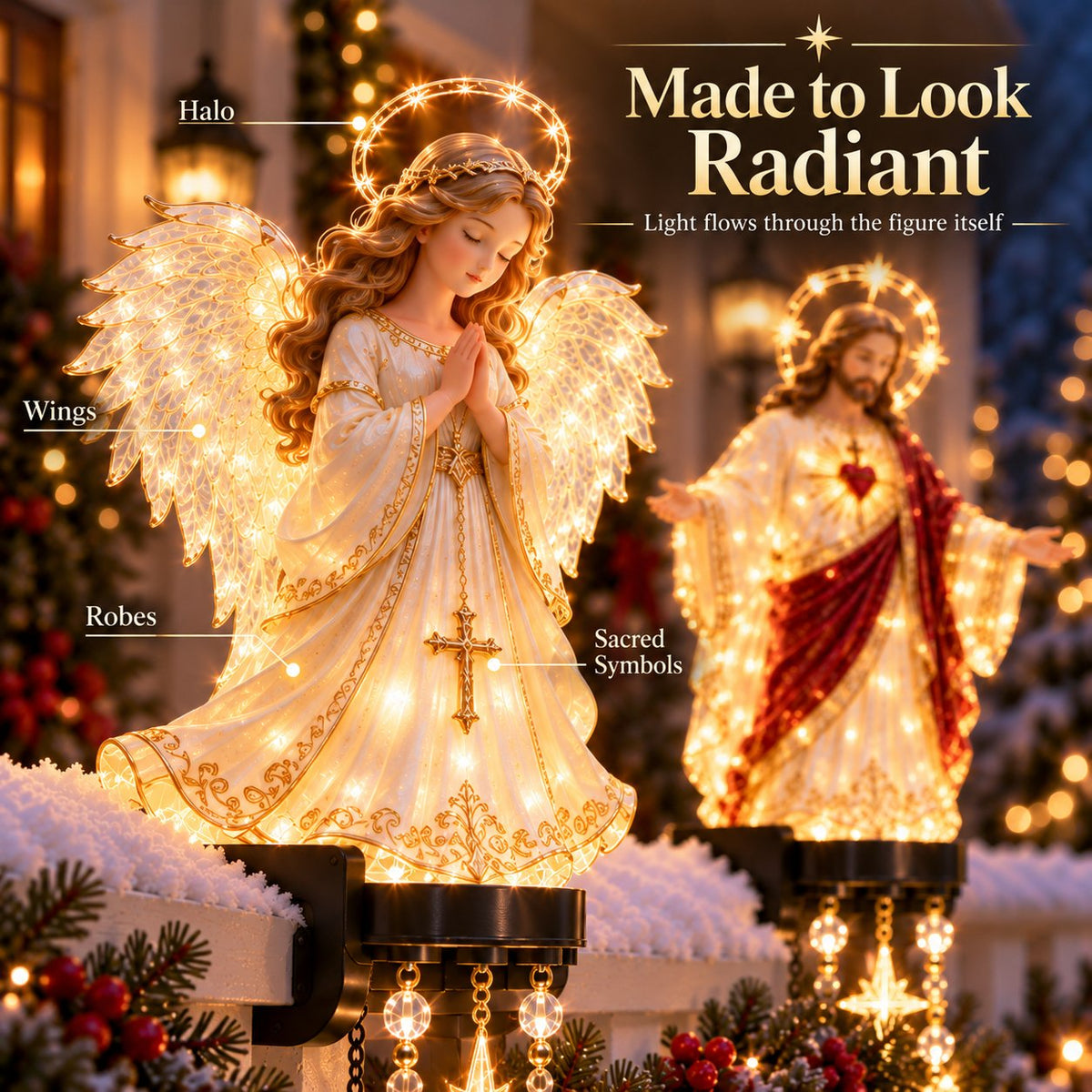 Sacred Christmas railing lights porch display