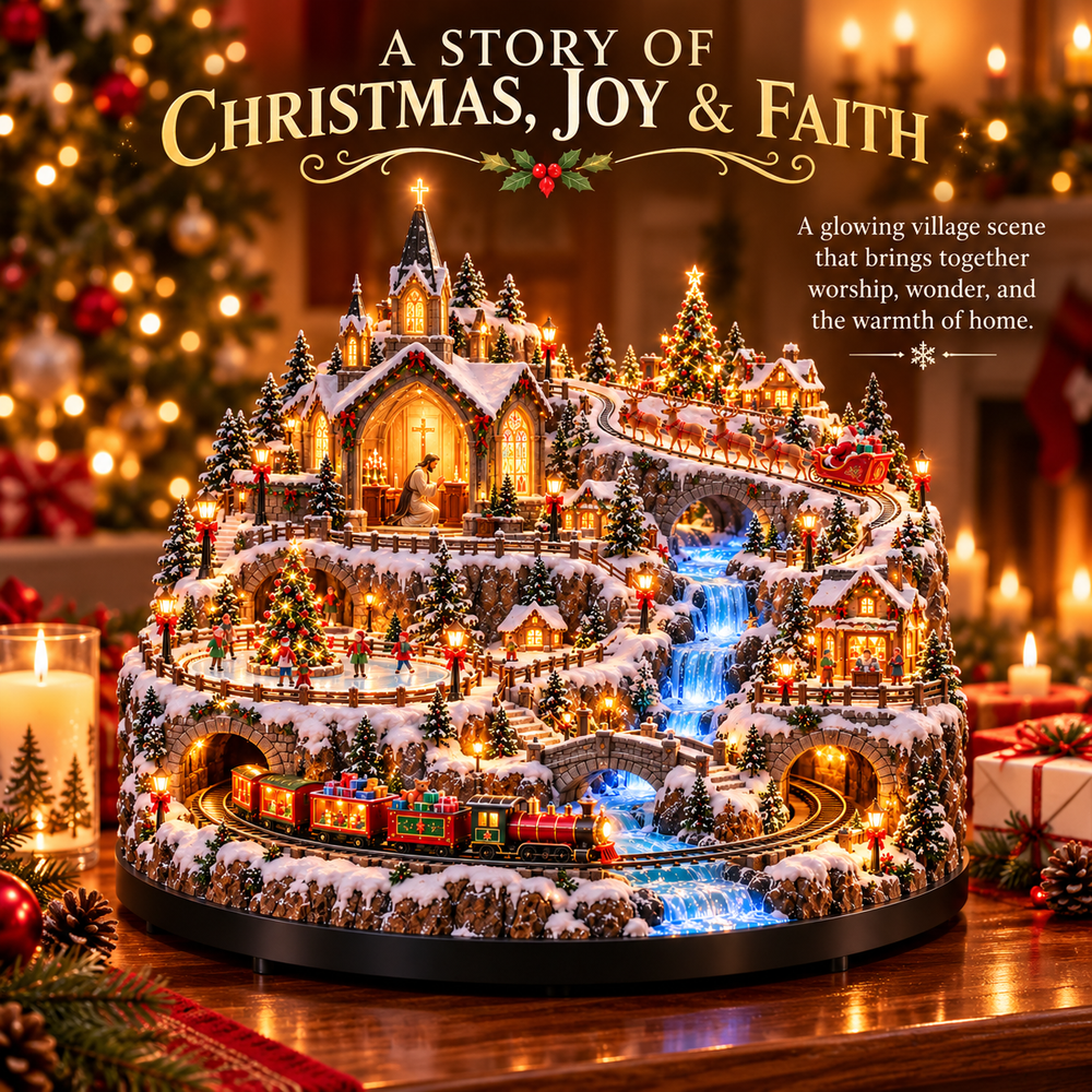 Warm golden village lighting and blue winter waterfall scene in Christmas display
