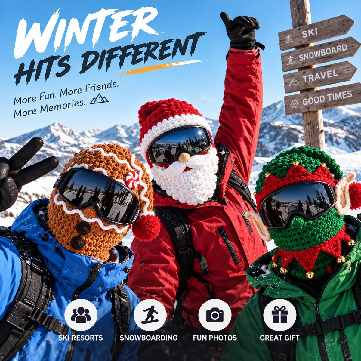 Three friends wearing Christmas knit ski masks