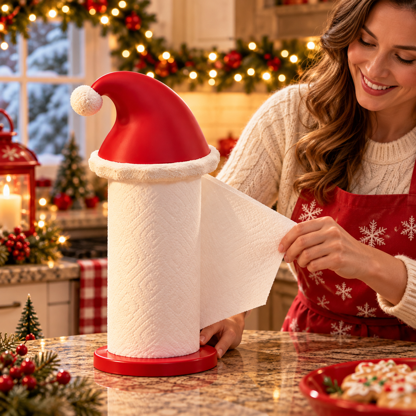 Festive Santa hat paper towel holder in a Christmas kitchen setting