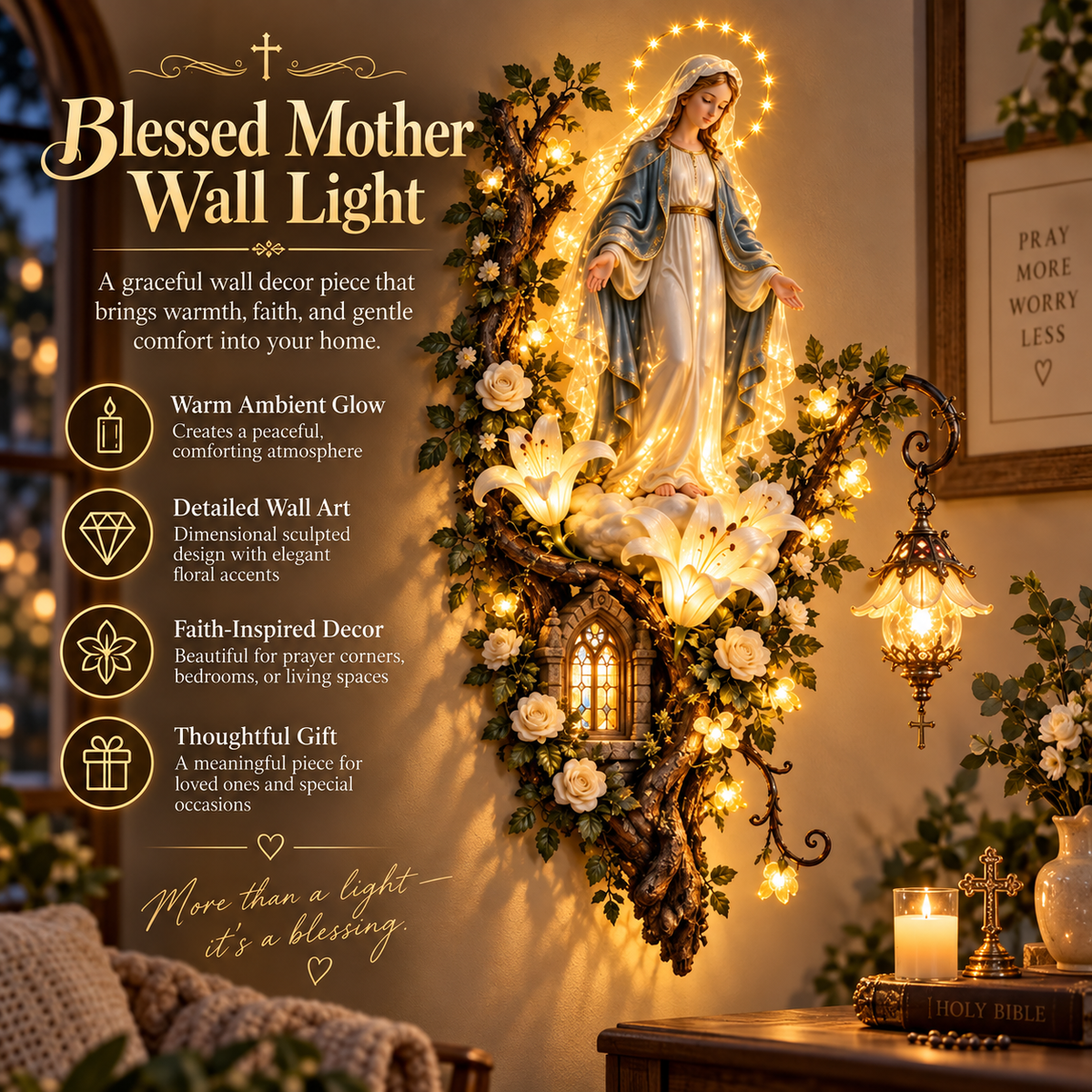 🙏✨ Blessed Mother Lighted Wall Décor | Virgin Mary 3D Religious Wall Art with Warm Ambient Glow