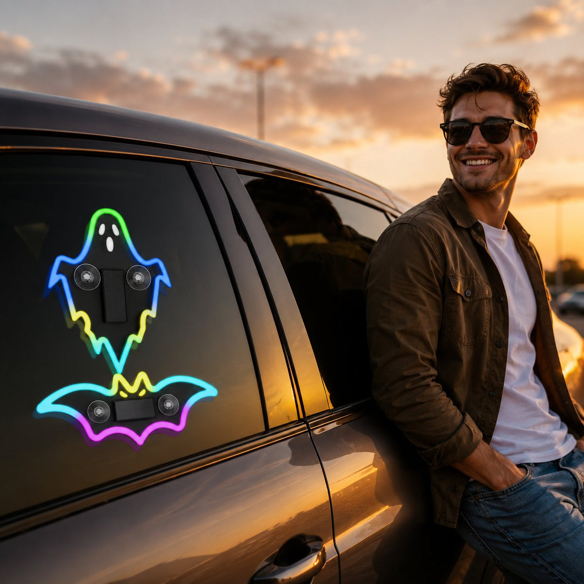LED Glowing Bat & Ghost Car Window Light Vibration‑Sensing Spooky Cyberpunk Vehicle Light Decal for Night Drive & Halloween Car Makeover