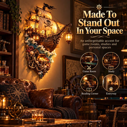 🏴‍☠️⛵🔥 Illuminated Pirate Ship Wall Lantern | Glowing Ghost Ship & Treasure Chest Sculpture, Nautical Fantasy Coastal Wall Décor