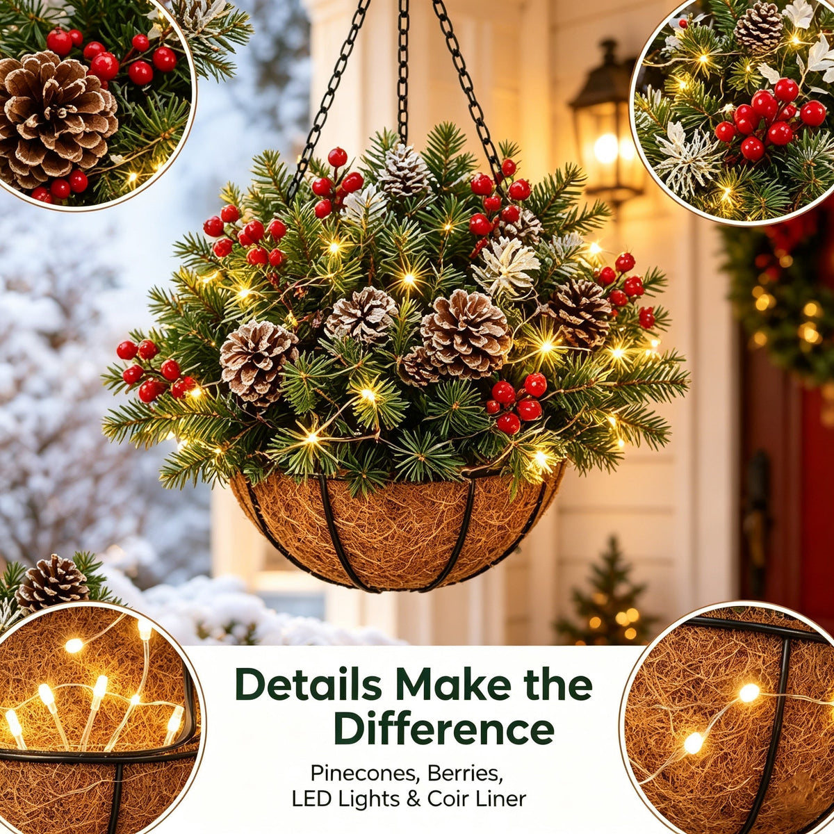 Close-up of Christmas basket greenery, pinecones, berry accents, lights and textured liner