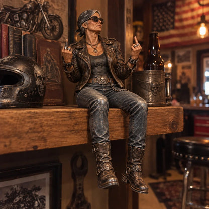 🔥 LAST DAY 50% OFF 🔥🏍️ Old Biker Soul™ – “Women Ride Too” Shelf-Sitter Figurine with Silver Hair, Leather-Look Jacket & Motorcycle Helmet ✨