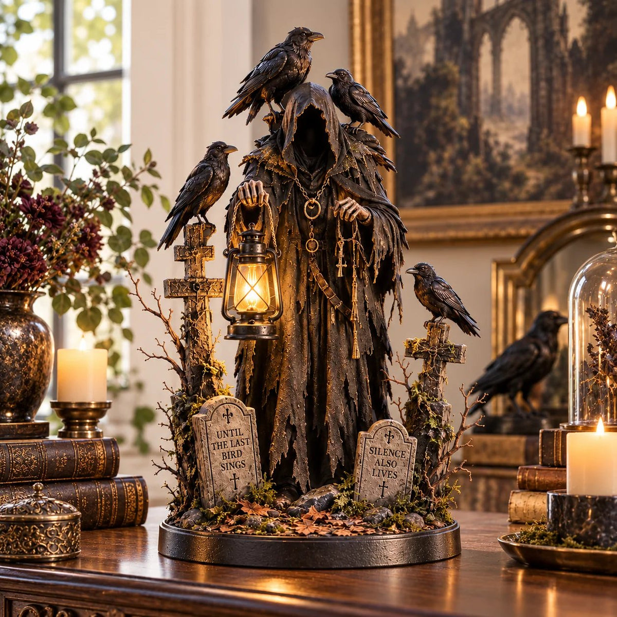 🐦‍⬛ Keeper of the Last Light – Raven Guardian Lantern Statue
