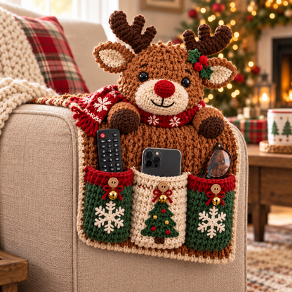 🎄 Cozy Critters™ Crochet Sofa Armrest Organizer – Cute Christmas Remote, Phone & Glasses Storage Holder