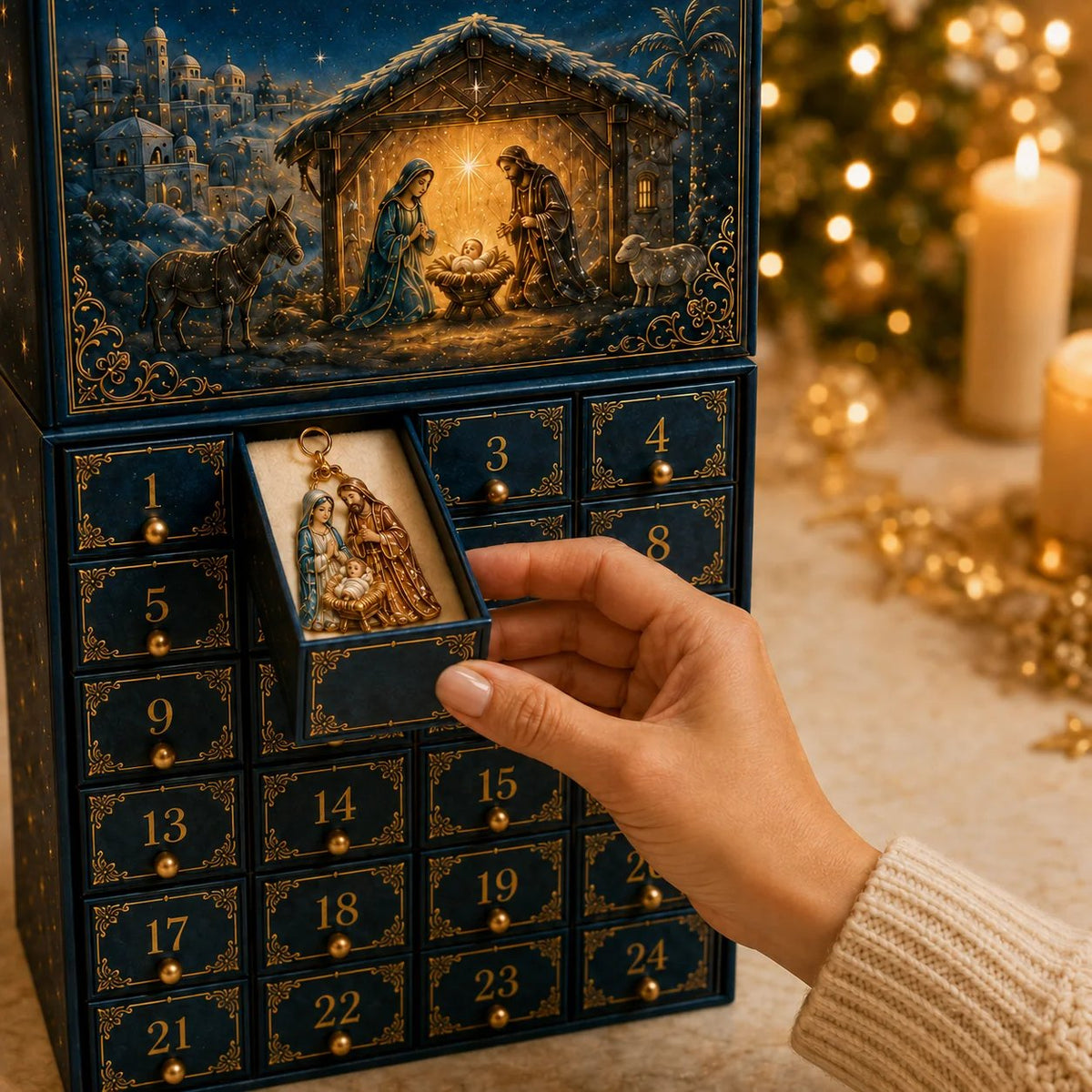 Opening one numbered Nativity Advent drawer