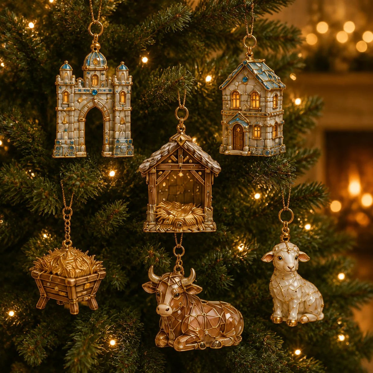 Bethlehem stable manger lamb and ox Nativity ornaments
