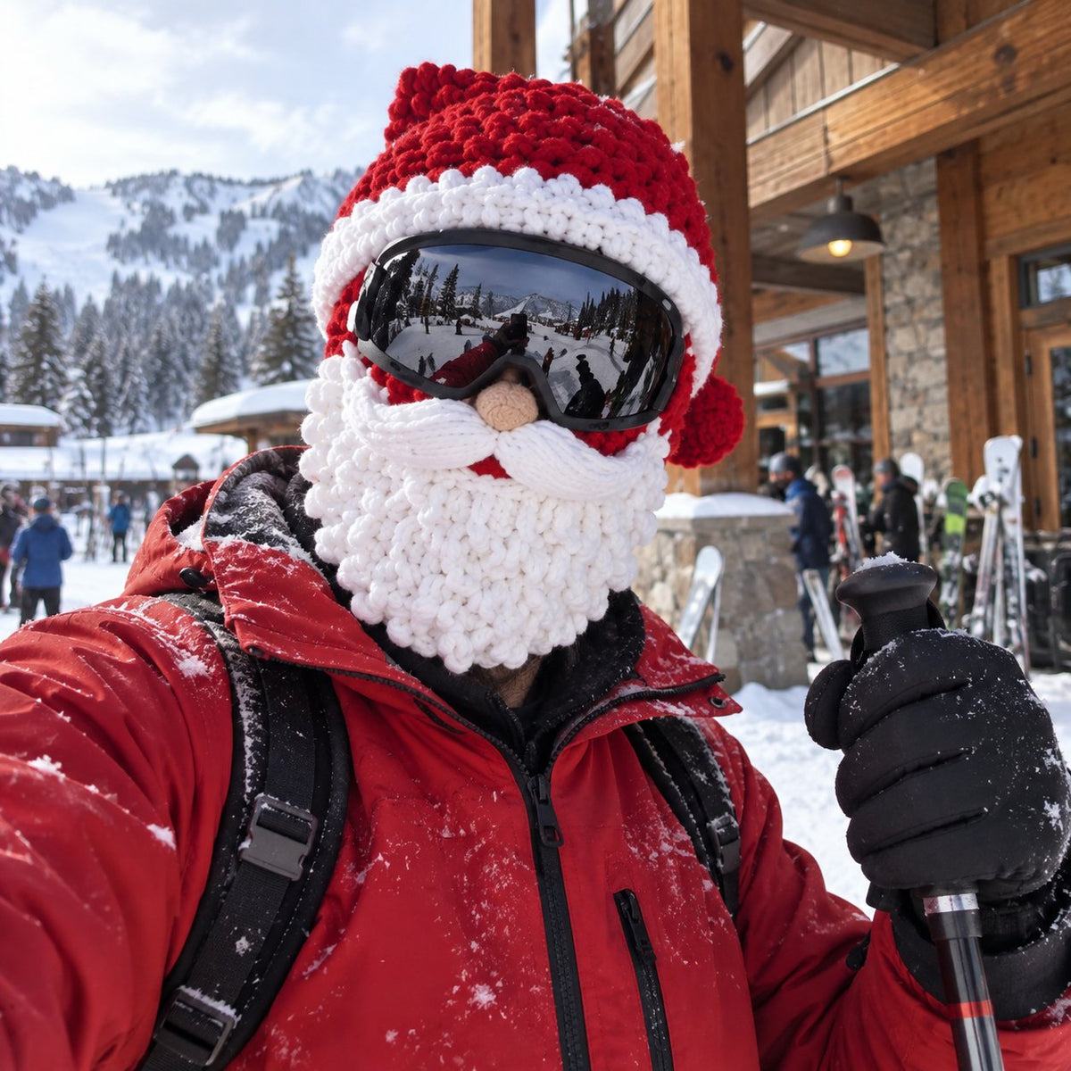 Santa knit ski mask worn at ski resort