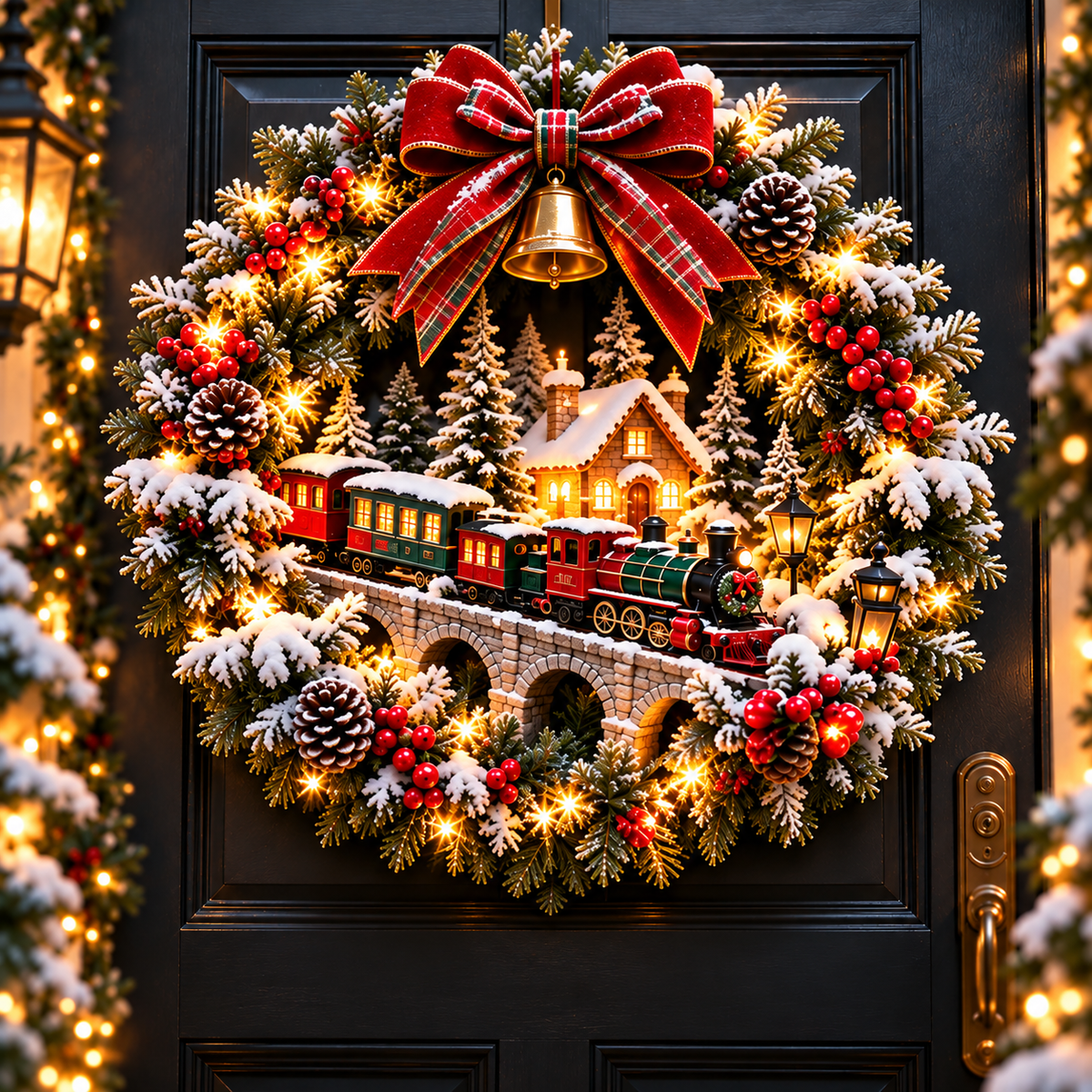 Christmas Homebound Express wreath hanging on a black front door, with vintage train, snowy bridge, glowing cottage, pinecones, red berries and warm lights