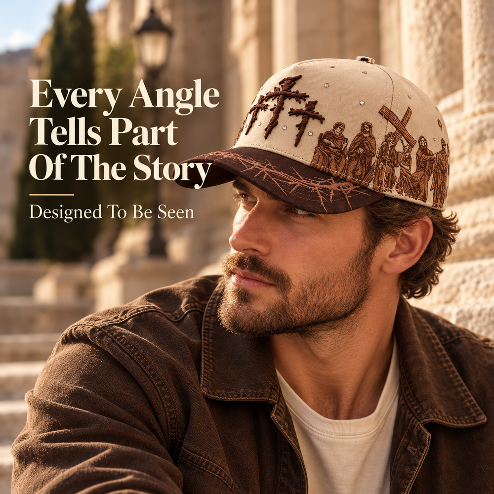 Close-up lifestyle photograph emphasizing cross details and thorn-patterned brown cap visor