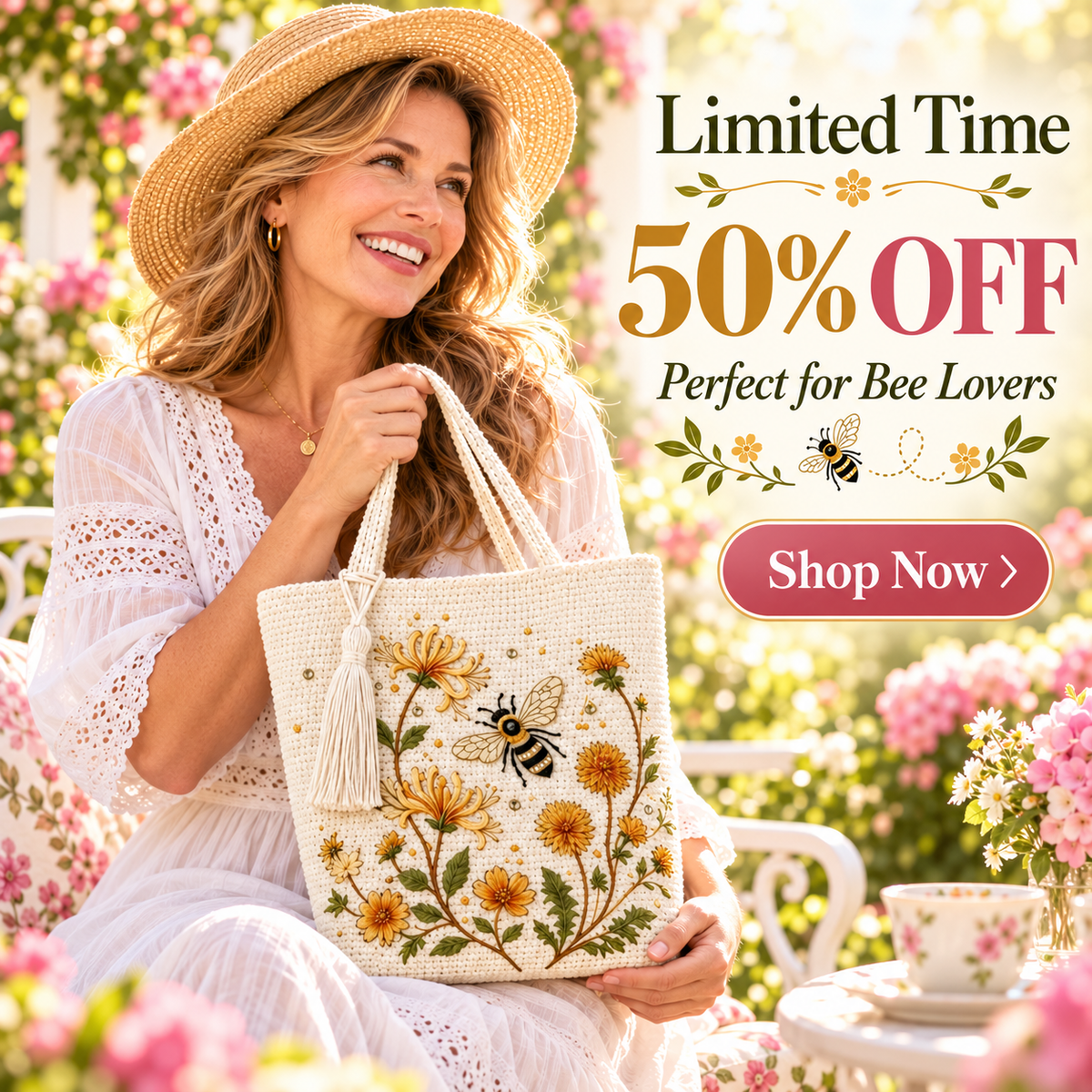 🌸 Garden Bloom Tote™ – Hummingbird & Honeybee Floral Bag