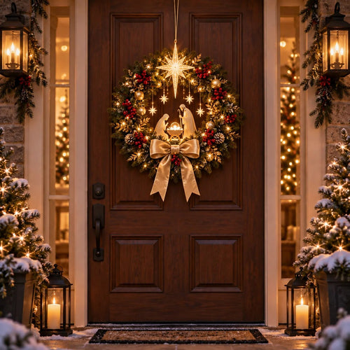 🔥HOT SALE🔥 49% OFF✨ Lighted Nativity Christmas Wreath – Bethlehem Star Front Door Decor🎄