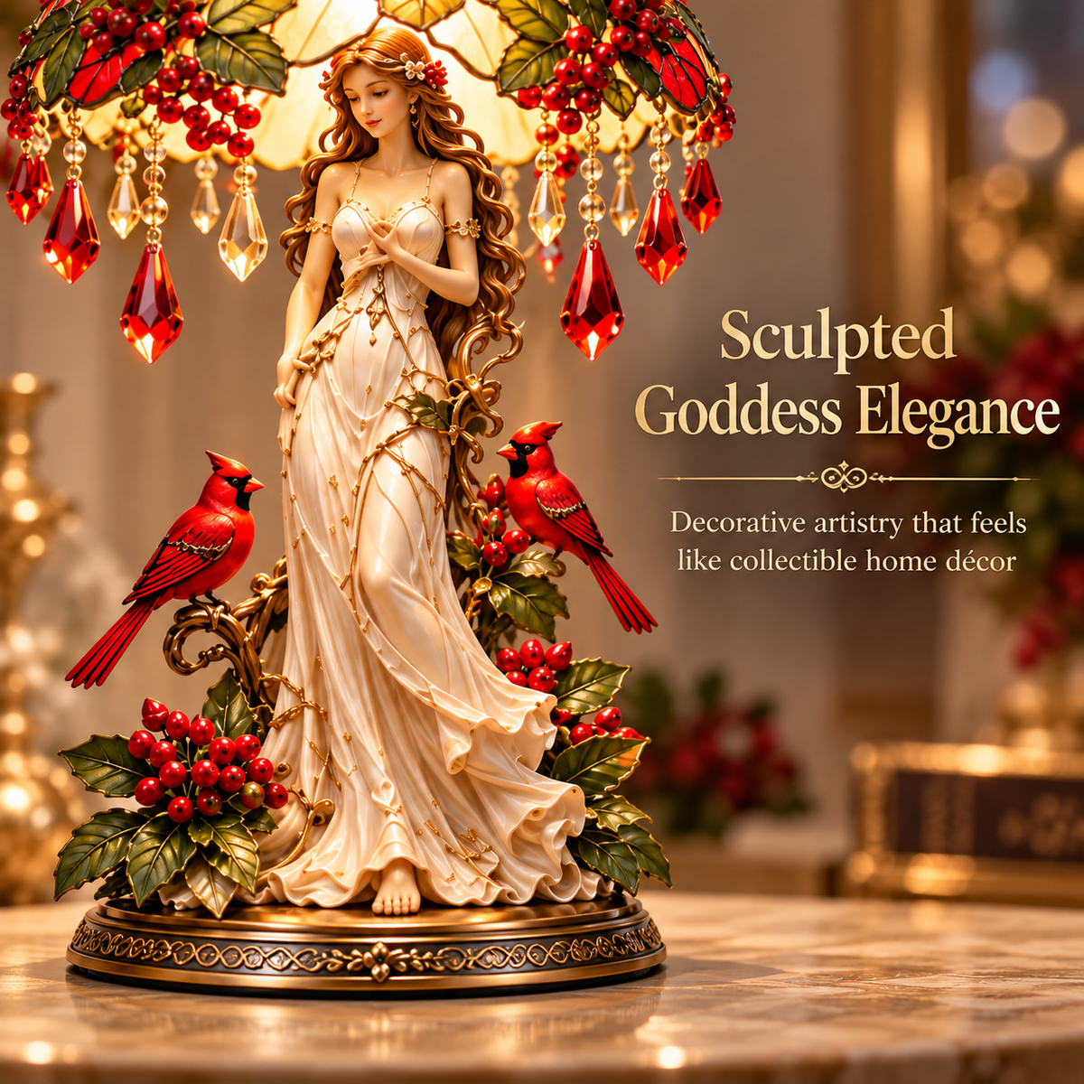 🎄 Cardinal Christmas Goddess Glow™ – Lighted Holiday Table Décor