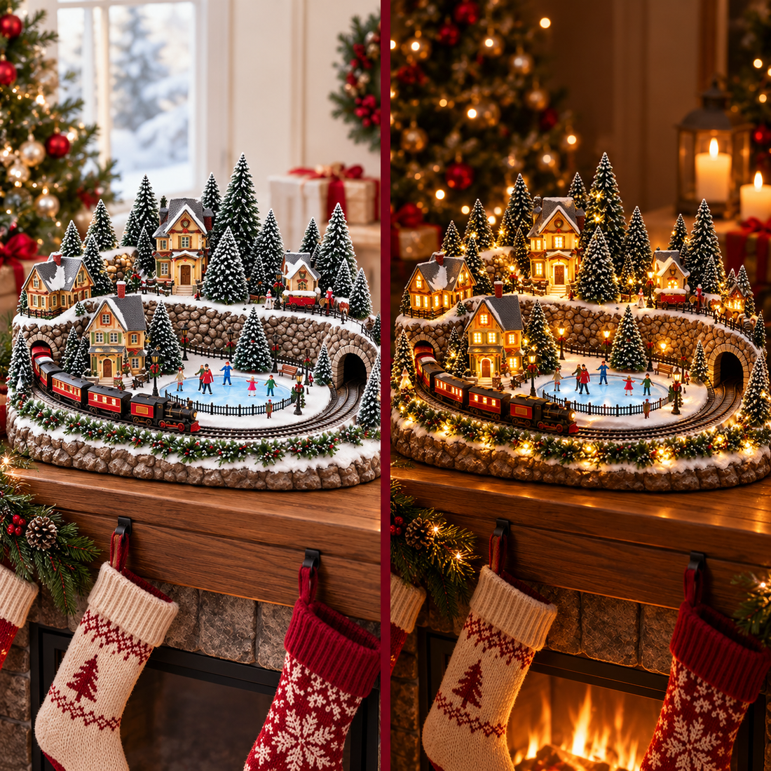 Day and night comparison of Christmas train village on mantel