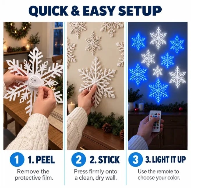 Blue and white glowing snowflake wall display