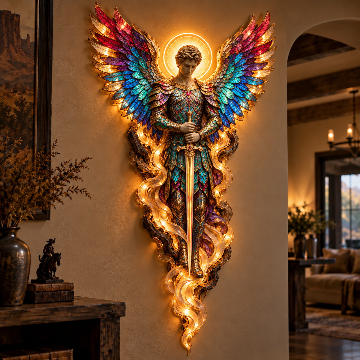Woman admiring illuminated guardian angel wall art