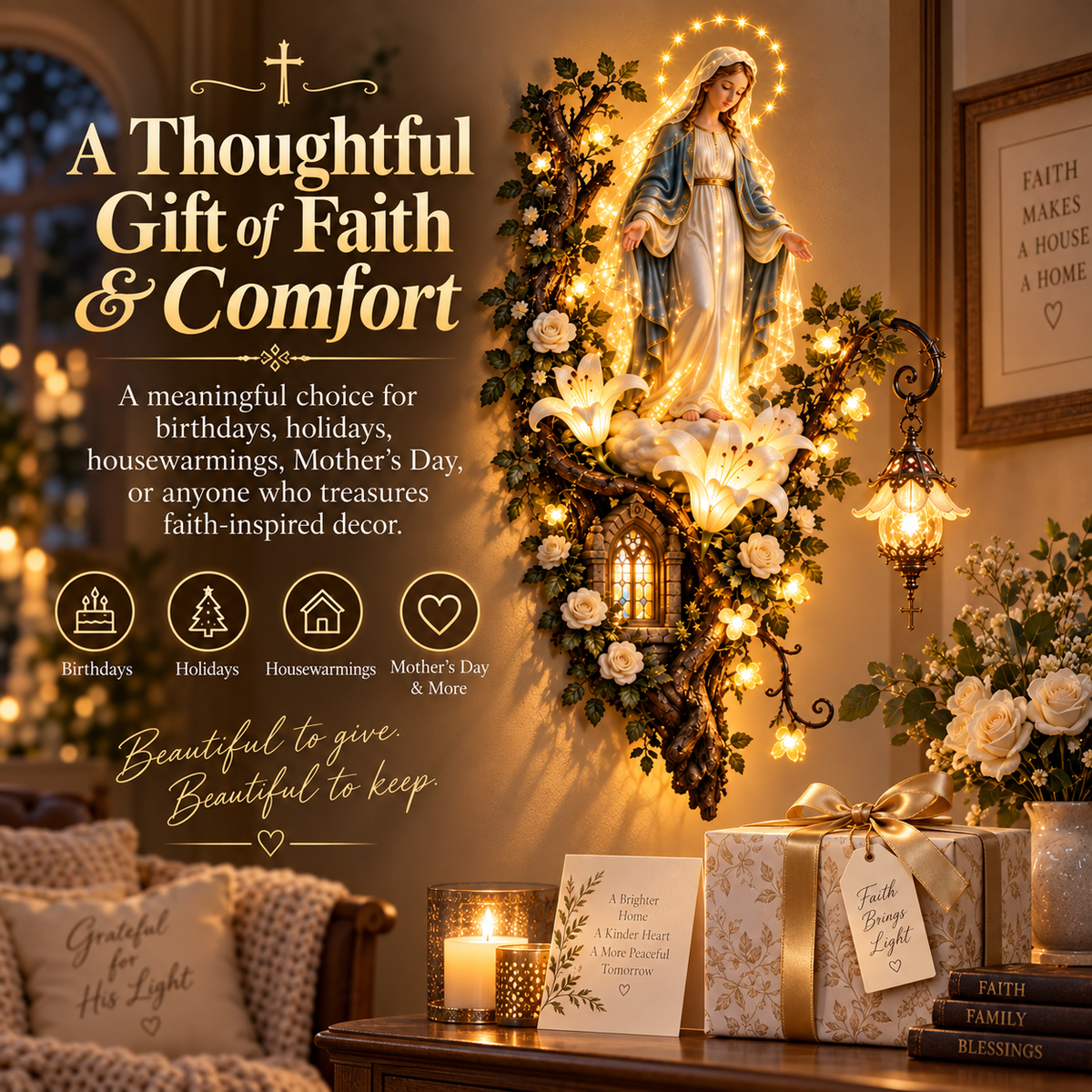 🙏✨ Blessed Mother Lighted Wall Décor | Virgin Mary 3D Religious Wall Art with Warm Ambient Glow