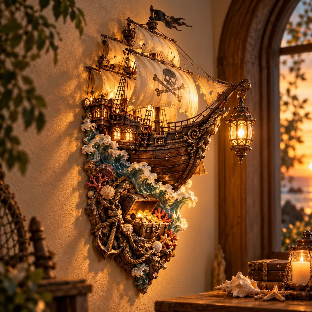 🏴‍☠️⛵🔥 Illuminated Pirate Ship Wall Lantern | Glowing Ghost Ship & Treasure Chest Sculpture, Nautical Fantasy Coastal Wall Décor