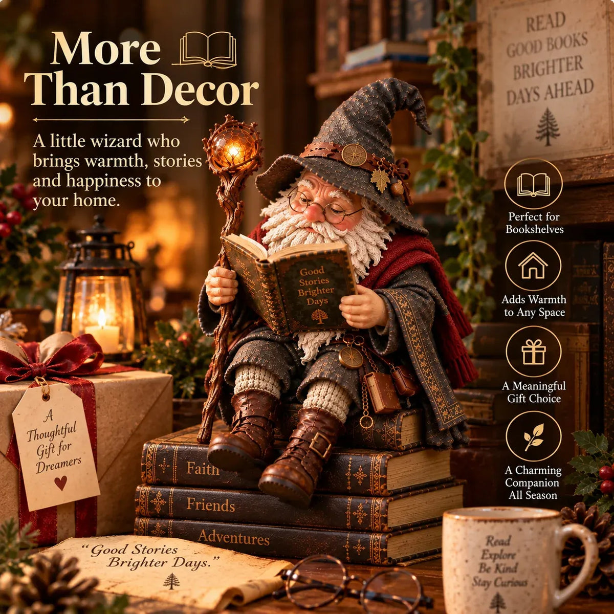 🔥LAST DAY 49% OFF-🧙‍♂️ The Wandering Scholar Gnome – Enchanted Reading Wizard Figurine
