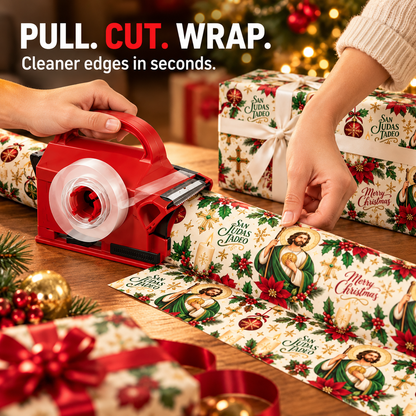 🎁 Buy 1 Get 1 FREE | 2-in-1 Gift Wrap Cutter & Tape Dispenser + FREE San Judas Tadeo Christmas Wrapping Paper 🎄