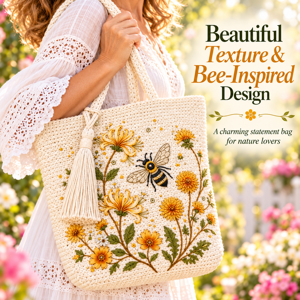 🌸 Garden Bloom Tote™ – Hummingbird & Honeybee Floral Bag