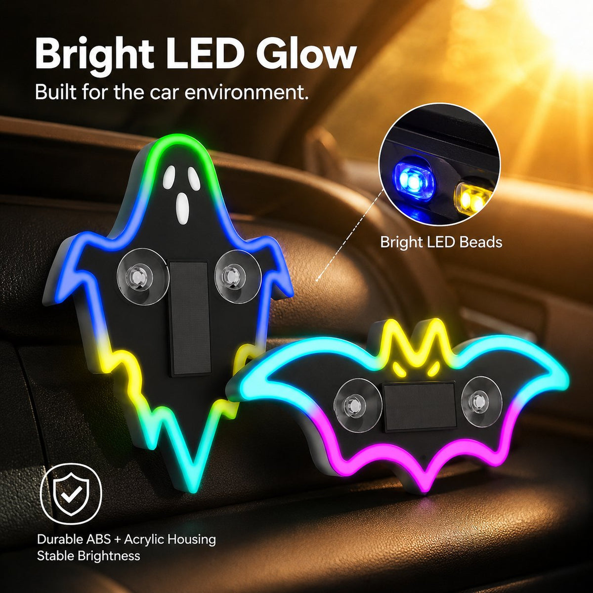 LED Glowing Bat & Ghost Car Window Light Vibration‑Sensing Spooky Cyberpunk Vehicle Light Decal for Night Drive & Halloween Car Makeover