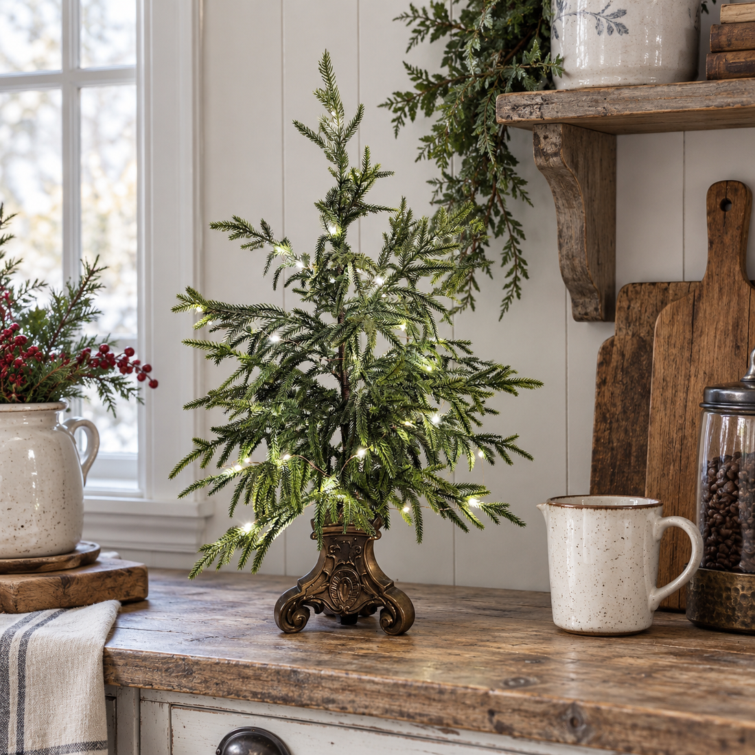 Small Norfolk pine tree with cascading greenery and lights on a rustic kitchen counter