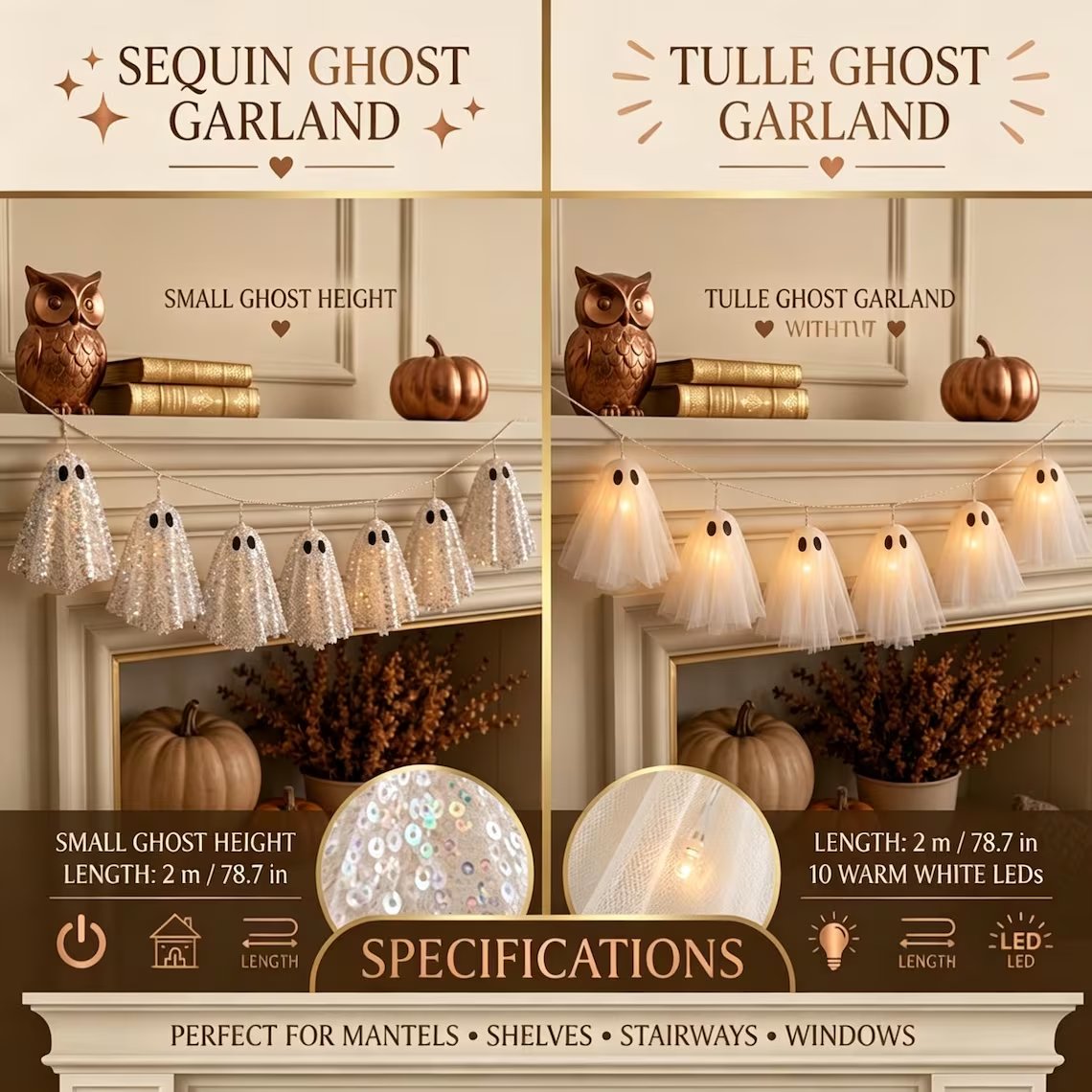👻 Halloween Ghost Garland with LED Lights