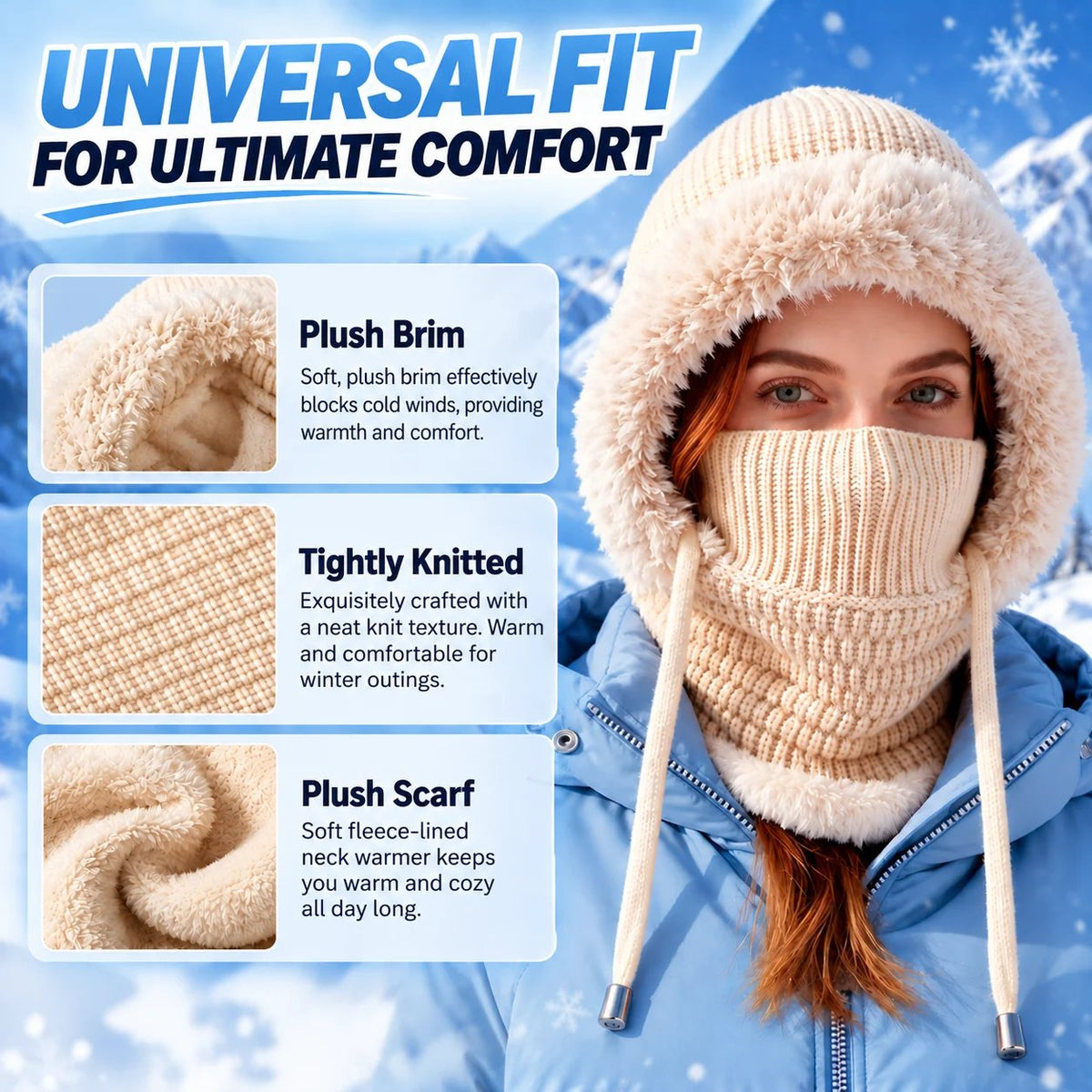 Winter beanie plush knit and neck details