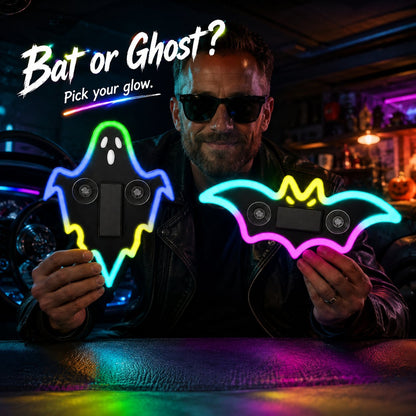 LED Glowing Bat & Ghost Car Window Light Vibration‑Sensing Spooky Cyberpunk Vehicle Light Decal for Night Drive & Halloween Car Makeover