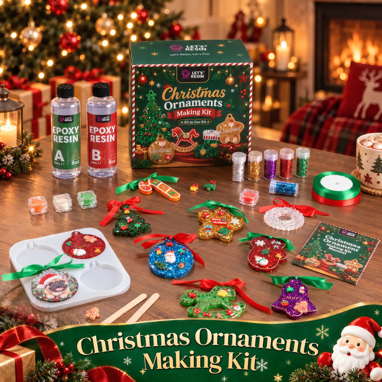 Christmas resin ornament crafting kit with finished decorative ornaments