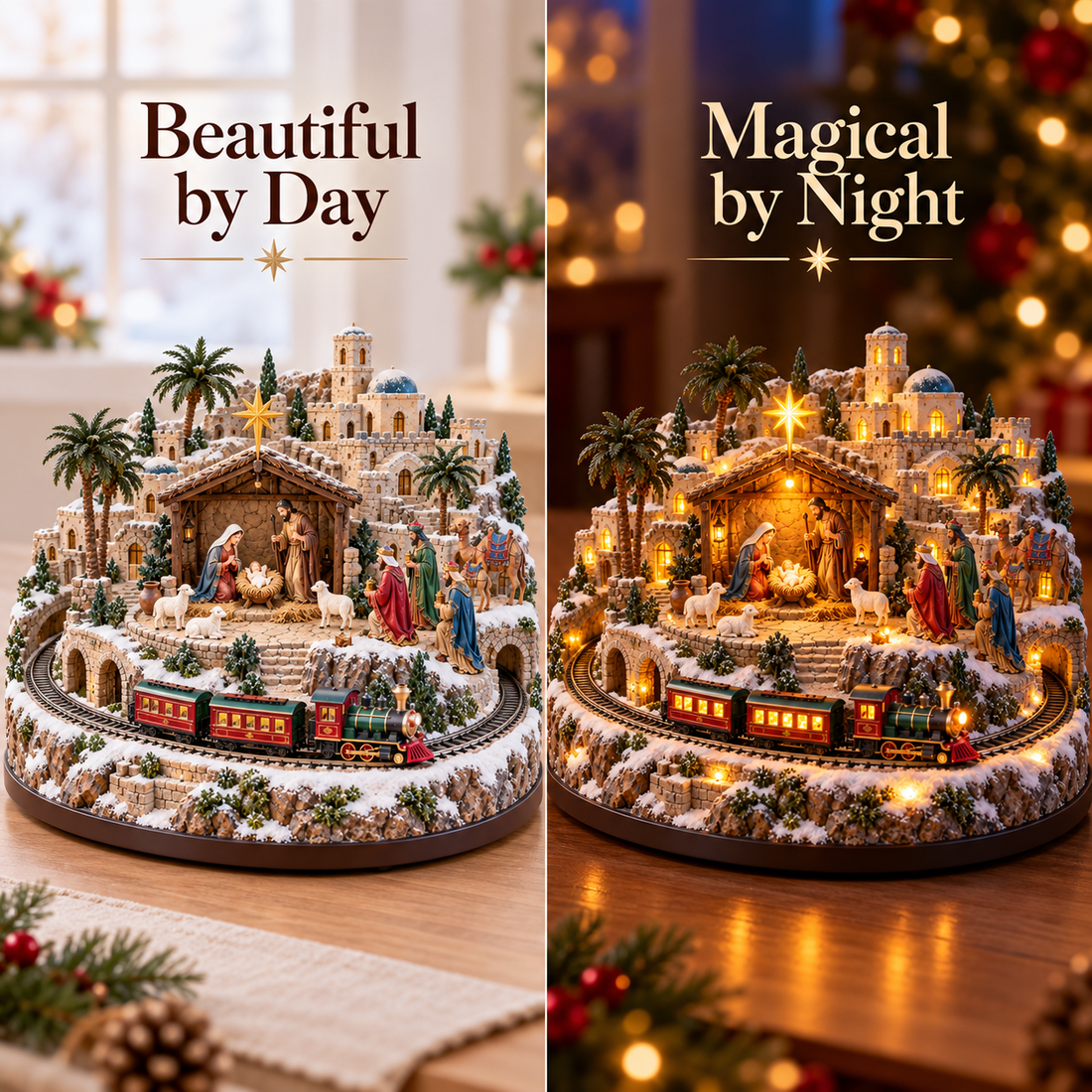 Bethlehem Christmas village daytime and nighttime lighting comparison