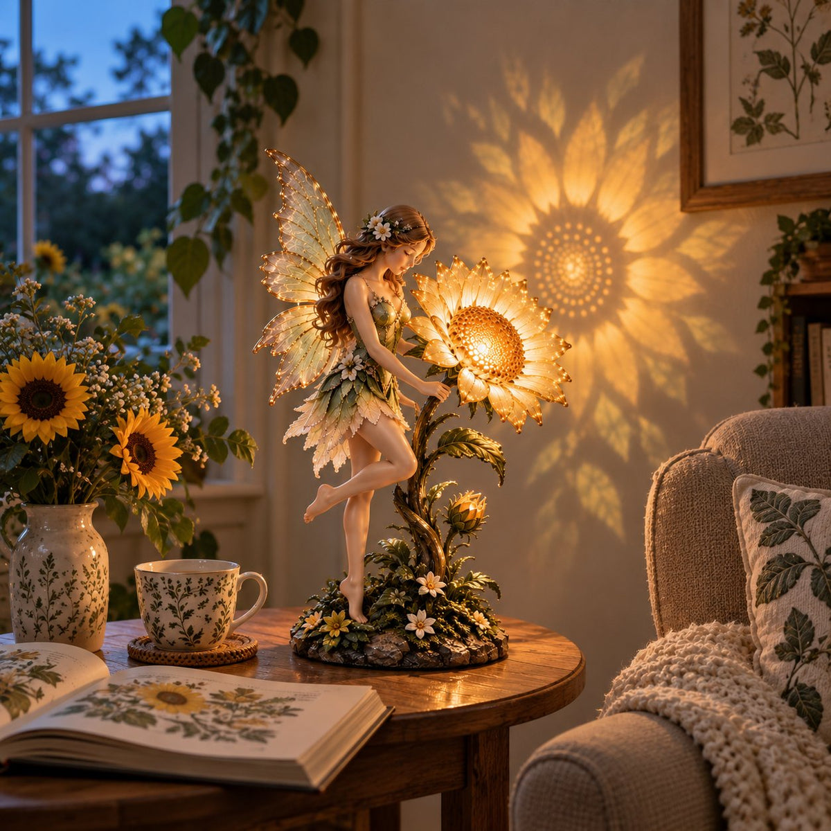 Close up details of sunflower fairy lamp