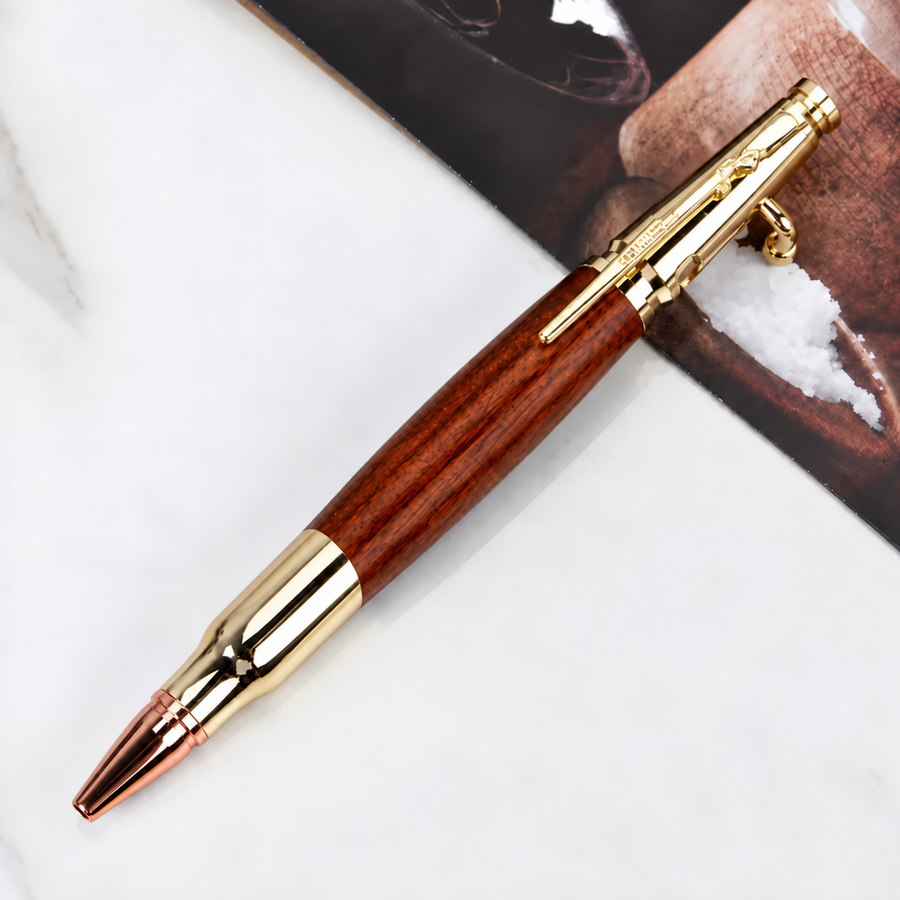 Wood and gold bolt action pen close-up