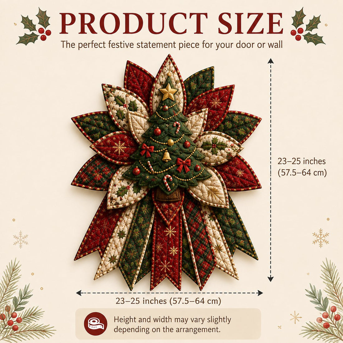 Finished Christmas tree quilted hanging with approximately 23 to 25 inch size markings