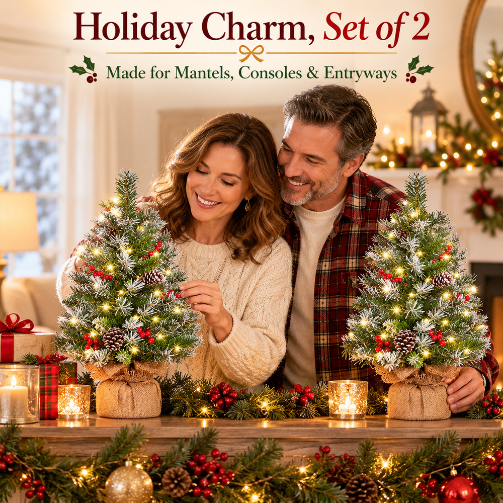 Matching Christmas tabletop trees in farmhouse home