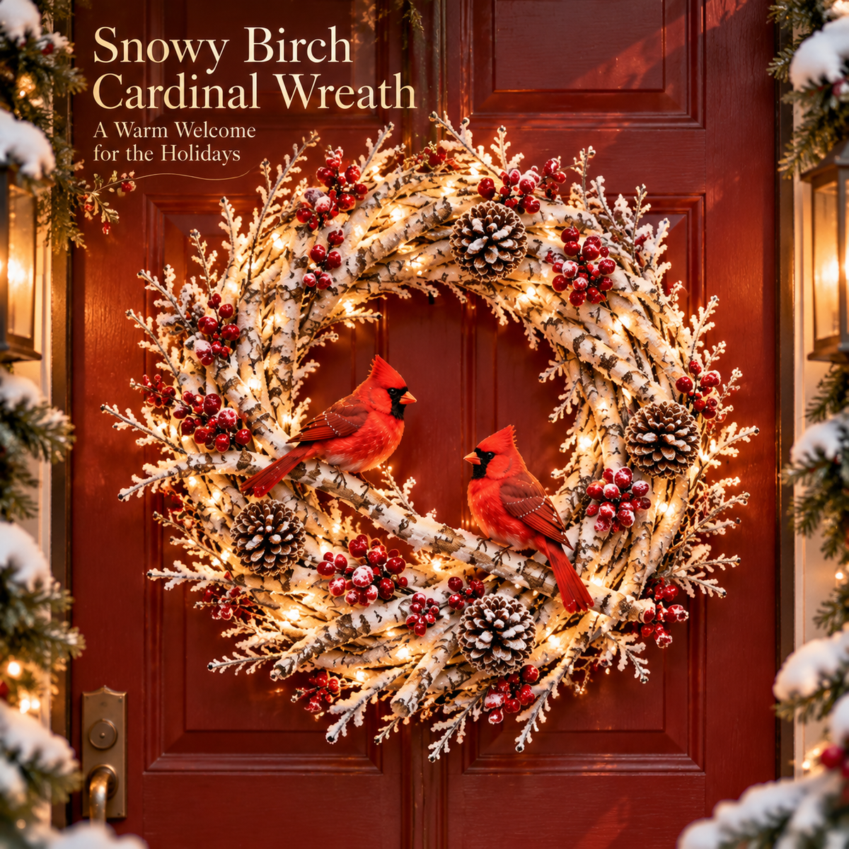 Lighted snowy birch Christmas wreath with two red cardinals, red berries and frosted pinecones