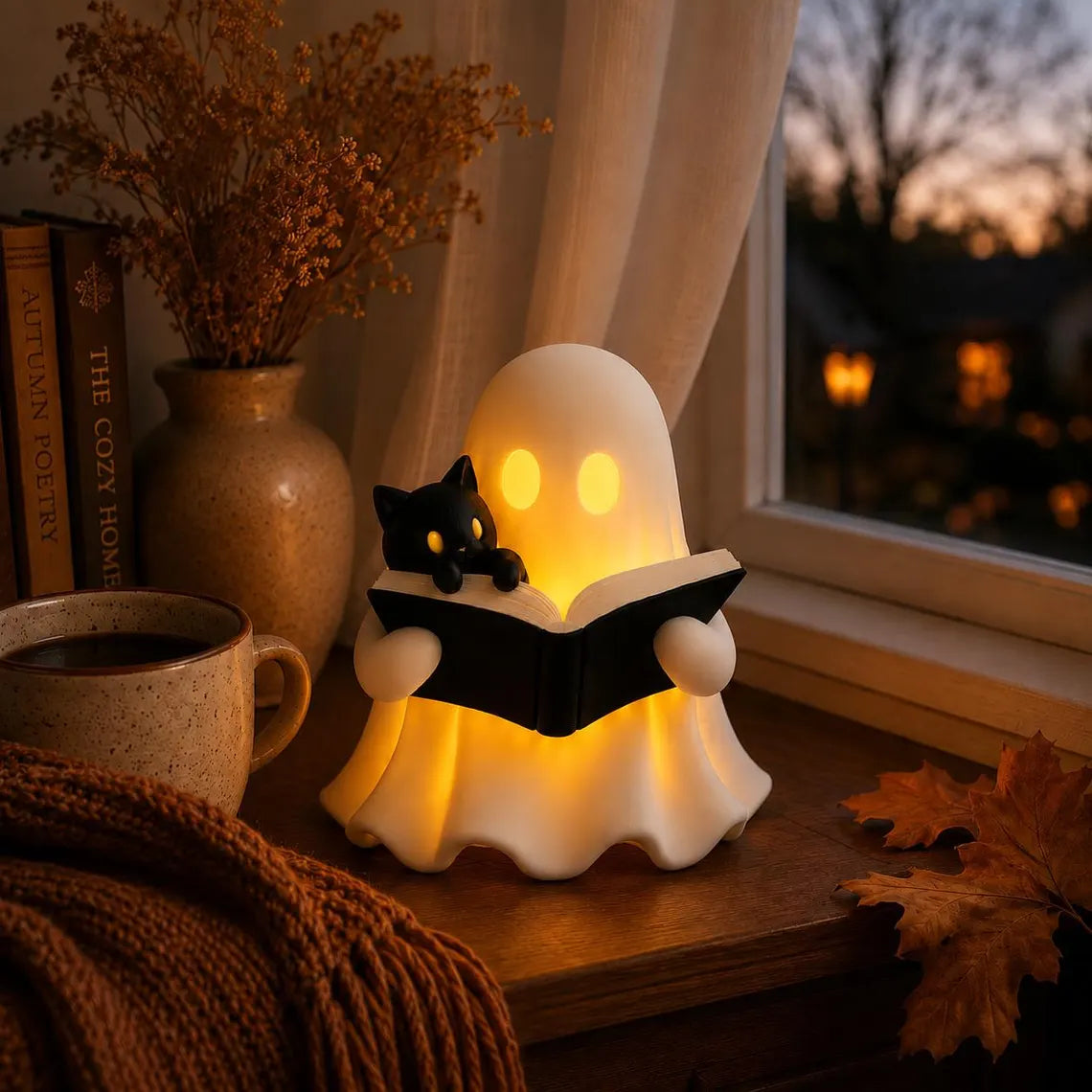 Ghost Reading Book Decor – 3D Printed Figurine with Cat, LED Light, Book Lover Gift