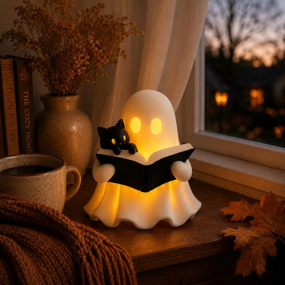 Ghost Reading Book Decor – 3D Printed Figurine with Cat, LED Light, Book Lover Gift