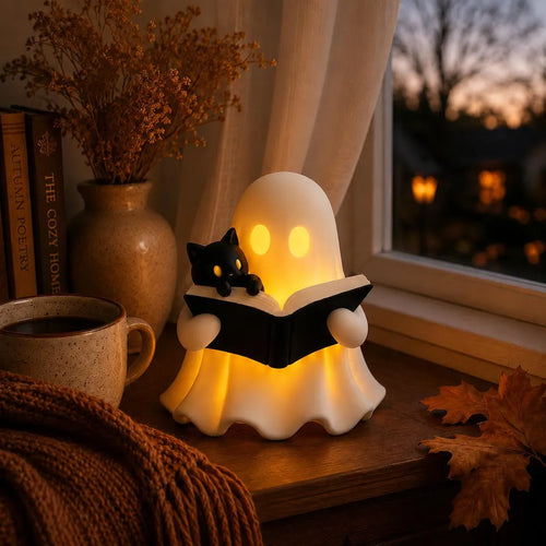 Ghost Reading Book Decor – 3D Printed Figurine with Cat, LED Light, Book Lover Gift